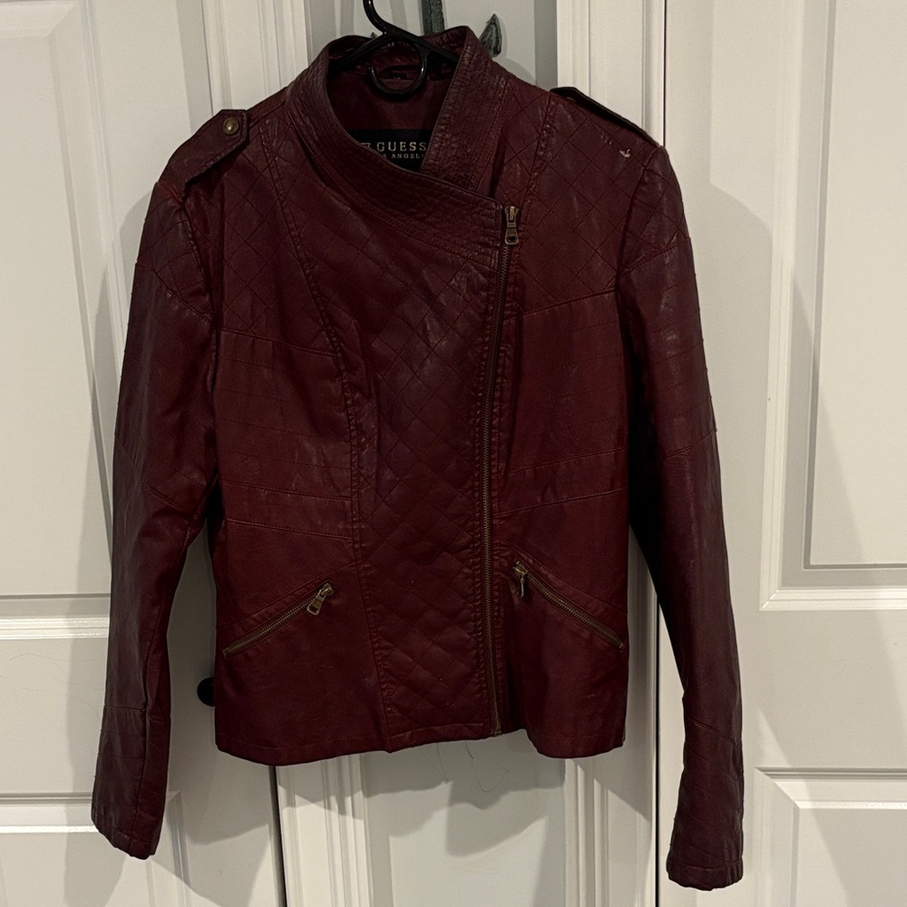 GUESS Women's Quilted Burgundy Leather Jacket